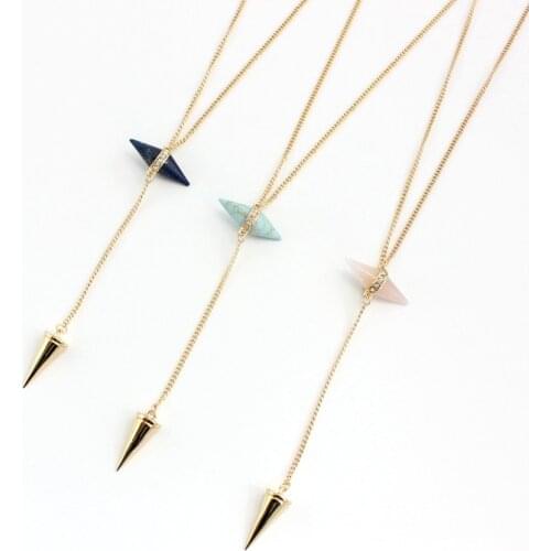 Rivet shape Long Link Pendants Necklaces 2016 new stone cone pink spar necklace women