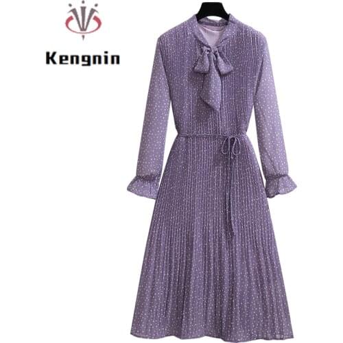 Loose Oversized Women Tunic Dress 2021 Autumn New Dot Print Ladies Vestidos Dresses Long Sleeve Bow Chiffon Dress Robe KE1829