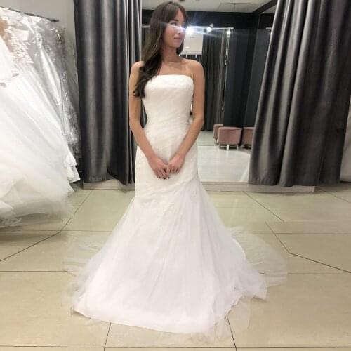 New Elegant Mermaid Wedding Dress Strapless Sleeveless Applique Pleats Bridal Gowns Sweep Train Tulle Customize Wedding Dresses