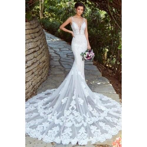 Sexy Lace Beads Mermaid Wedding Dresses 2021 V Neck Appliques Backless Boho Beach Bridal Gowns Vestidos De Mariee New Handmade
