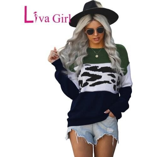 LIVA GIRL Winter Woman Block Leopard Splicing Sweater Long Sleeve O-Neck Sweater Casual Pullover Jumpers 2020 New Female Hoodies
