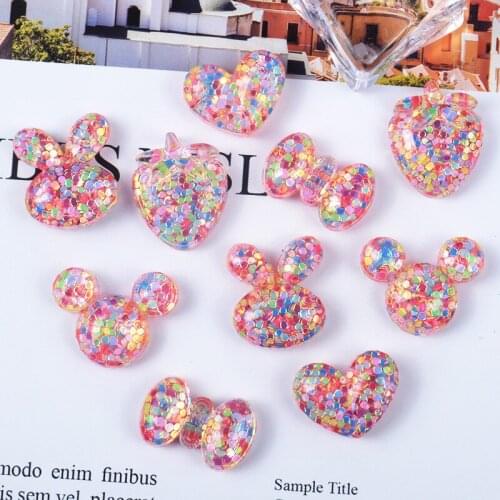 10pcs/lot Kawaii Resin Heart/Bow/Strawberry /Ribbit Head Cabochon Flatback For Kids Headwear Mobile Case DIY Decorative Favor