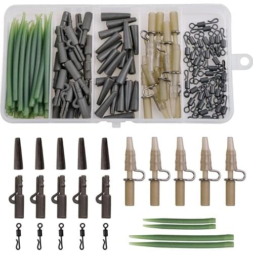 100Pcs/Box Carp Fishing Accessories Kit Anti Tangle Sleeves Quick Change Swivels Heavy Duty Safety Clips Tail Rubber Tubes