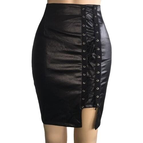 2021 Womens leather skirt Cross strap under the open fork Leather skirt high Wrap gothic skirt bodycon black plus size skirt