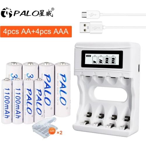 PALO NC07 USB quick charger LCD smart battery charger for AA AAA nimh nicd 1.2 v rechargeable batteries with 4pcs AA + 4pcs AAA