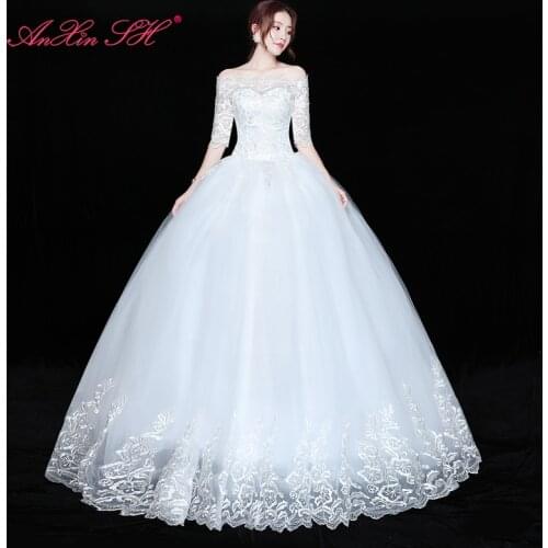 AXJFU princess flower lace white wedding dress vintage boat neck half sleeve turkey party bride white ruffles wedding dress