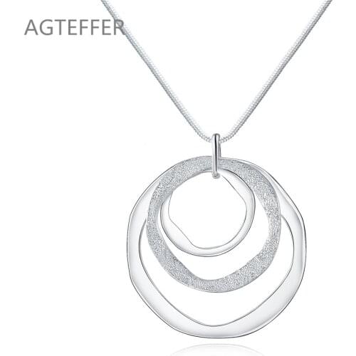 AGTEFFER 925 Sterling Silver 18 Inches Three Circle Pendant Chain Frosted Necklace For Women Fashion Wedding Party Charm Jewelry