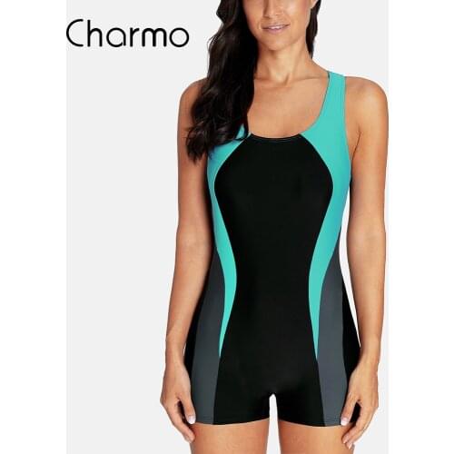Charmo Women Boyleg One Piece Swimsuit Sport Swimming Costume Modest Swimwear Color Block Swimsuit