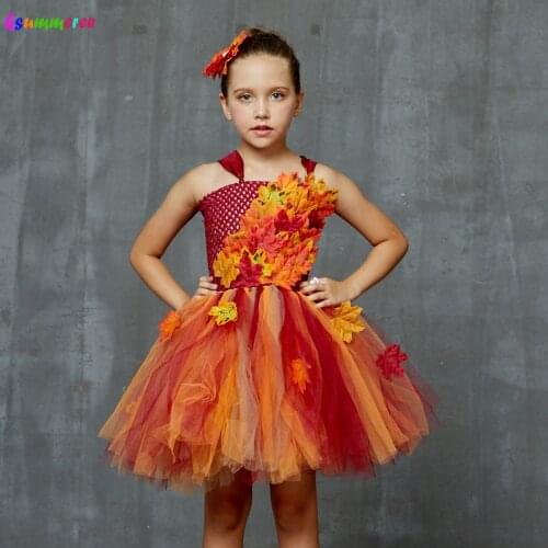 Autumn Fairy Girls Tutu Dress Maple Leaves Kids Tulle Dress with Headband Children Flower Dresses for Halloween Christmas