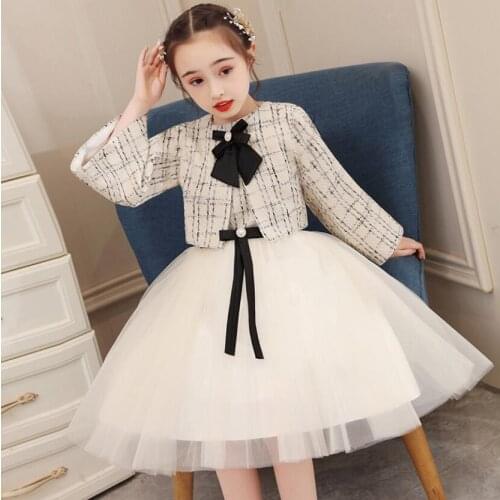 Toddler Girl Princess Dress Kids Party Dress Grid Long Sleeve Wedding Dress Baby Girls Communion Clothing 2pcs Jacket+Dress