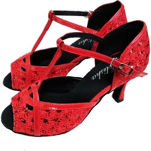 Elisha Dance Shoe 7.5cm Flare Heel Womens Open Toe Red Color Latin Salsa Party Dance Shoes Size US7.5