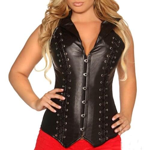 Faux Leather Halter Collared Steampunk Gothic Corset Plus Size Bustier Steel Boned Long Line Waist Slimming Corsets and Bustiers
