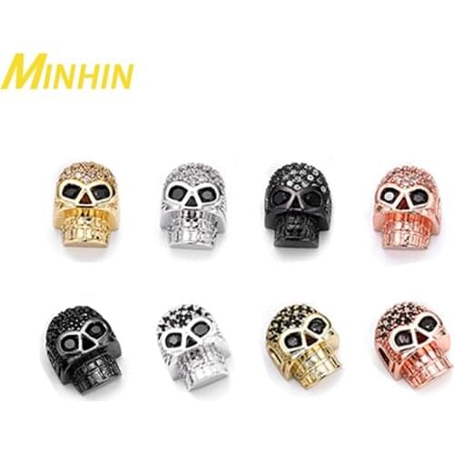 MINHIN 3Pcs Micro Pave Black Zircon Eye Skull Spacer Beads for Jewelry DIY Making Material Bracelet Accessories