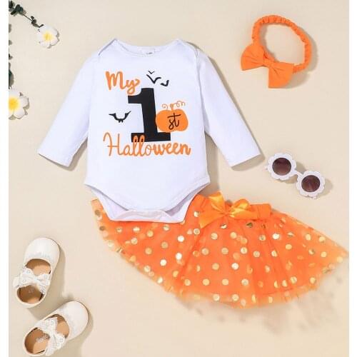 Fashion Newborn Infant Baby Girls Long Sleeve Letter Printed Romper+Tutu Bowknot Skirt+Headband Halloween Party Outfits Sets#p4