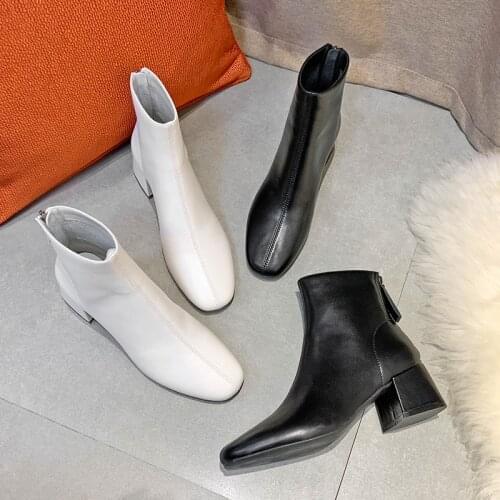 2021 New Arrival Women Boots Square Heel Soft Leather Solid White Black Square Toe Zip Up Rubber Sexy Cowboy Boots for Woman