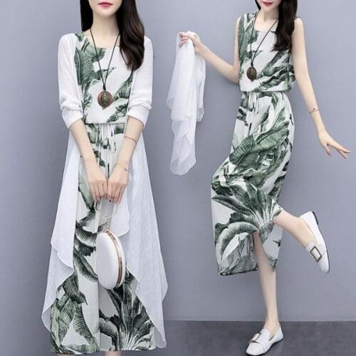 Cotton Linen Dress Suit Plus Size Vintage Sundress Loose National Style Printed Women Elegant Dress Two-piece Set Top Cut Dress