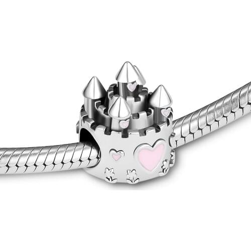 Fits for Pandora Charms Bracelets Speeping Beauty Castle Beads with Pink Enamel 100% 925 Sterling-Silver-Jewelry Free Shipping
