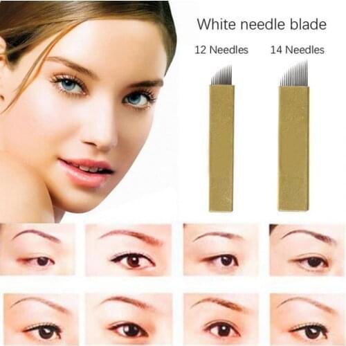 Recommend!!! 50Pcs 12/14 Pin Permanent Makeup Eyebrow Tatoo Blade Microblading Needles For 3D Embroidery Manual Tattoo Pen Machi
