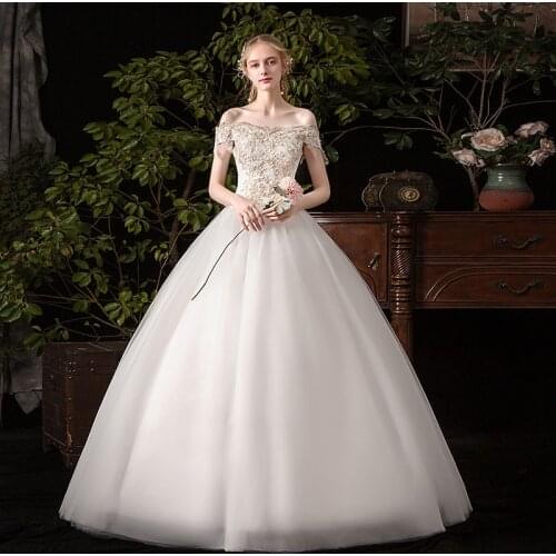Wedding Dress 2021 The Elegant Boat Neck Lace Up Ball Gown Off The Shoulder Princess Champagne Lace Wedding Dresses C31