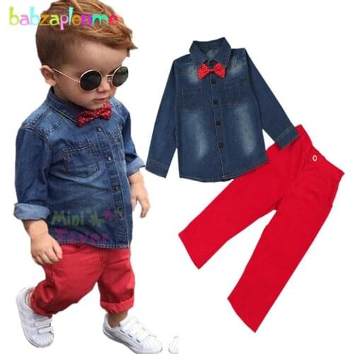 2PCS/3-8Years/2017 Spring Autumn Baby Boys Suits Toddler Clothes Casual Denim Shirt+Red Pants+Tie Children Clothing Sets BC1398