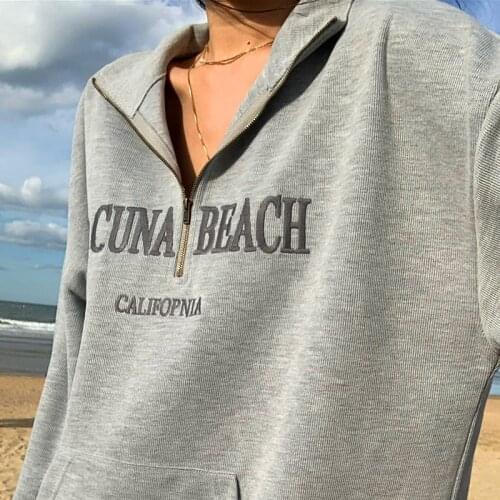 Korean Fashion Chic Letter Embroidery Sweatshirt Women American Vintage Zip Up Stand Collar Oversized Streetwear 2021 Autumn New