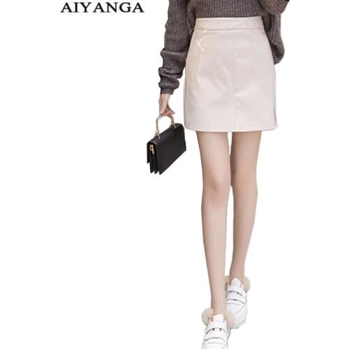 AIYANGA Womens skirt 2018 Solid PU High Waist A-Line Skirt Autumn Winter Slim Beautiful Skirts Female