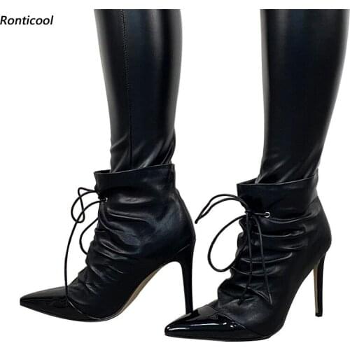 Ronticool 2021 Women Winter Ankle Boots Stiletto High Heels Pointed Toe Elegant Black Party Dress Shoes Women Plus US Size 5-15