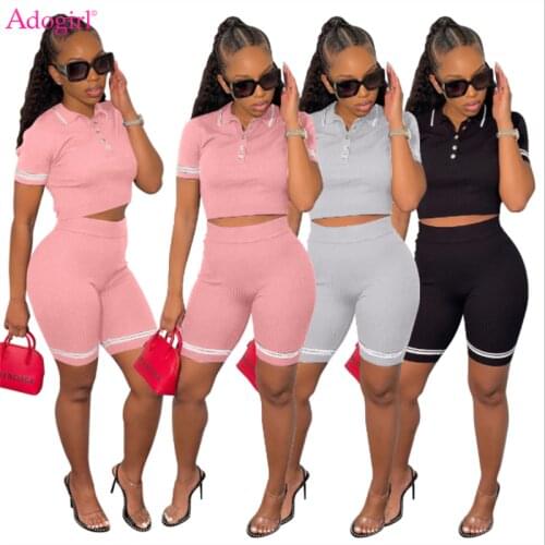 Adogirl Women Striped Ribbed Tracksuit Casual Sport Two Piece Set Turn Down Collar Short Sleeve Shirt Crop Top Shorts Sportswear