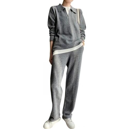 New Autumn Winter Knitted Womens Tracksuit Polo Neck Long Sleeve Pullover Sweater + Wide Leg Pants Two Piece Set Women Casual
