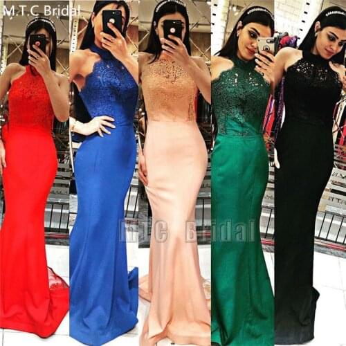 Royal Blue Sexy Mermaid Backless Prom Dresses Appliques Elastic Satin Long Bridesmaid Wedding Party Dress Wholesale Robe Soiree