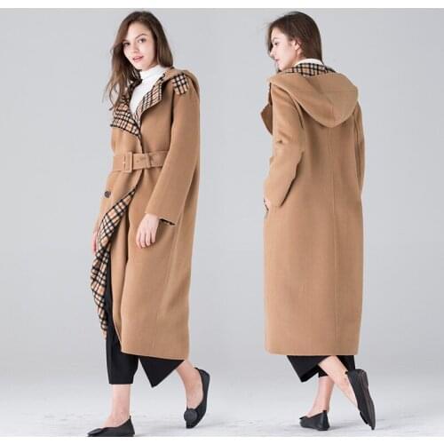 Long woolen blends cashmere coats for women 2019 autumn winter casual ladies jackets plus size Double sided beige plaid cap