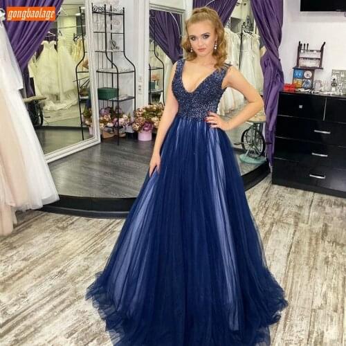 Sexy Royal Blue Prom Dresses Long V Neck Beaded Tulle A Line Women Party Dress 2020 Vestidos De Fiesta Largos Elegantes De Gala