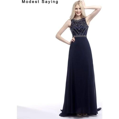 Elegant Navy Blue A-Line Illusion Beads Evening Dresses 2017 with Rhinestone Formal Women Party Prom Gowns robe de soiree longue