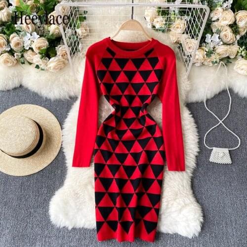 Brand Fashion Triangle Jacquard Women Dress Elegant O-neck Knitted Sweater Dress Ins Fashion Slim Bodycon Office Dress