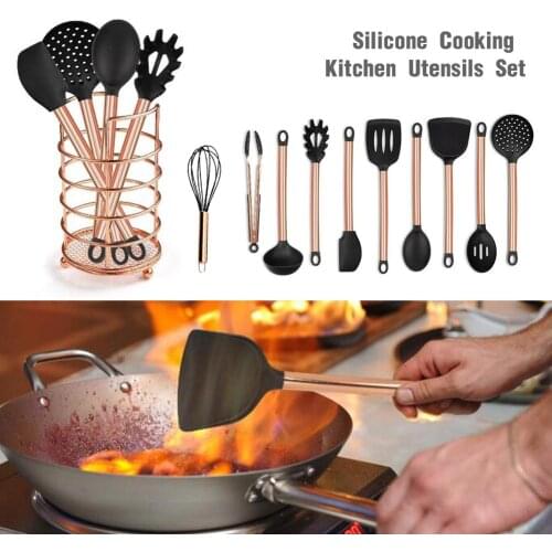 11PCs Copper Plated Handle Silicone Kitchenware Nonstick Cooking Shovel Spoon Kitchen Tool Set Silicone Cooking Kitchen Utensils