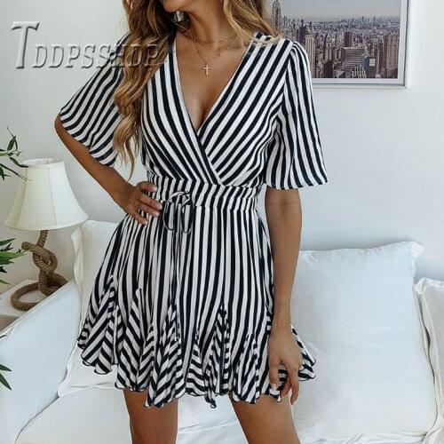 6 Different Color Stripe Women Dress Deep V Neck Ruffles Female Dresses