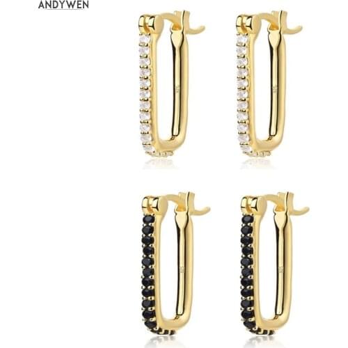 ANDYWEN 925 Sterling Silver 20mm Gold Square Hoops Circle Irregular White Black Zircon Rock Punk Piercing Ohrringe Fine Jewelry