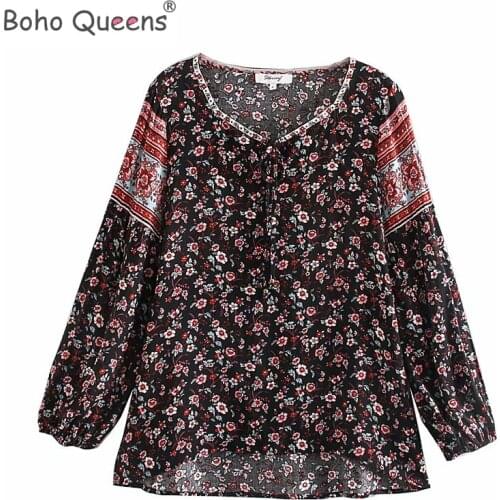 Boho Queens women Tops Vintage Floral Print tassel Loose Blouses ladies lace-up o-Neck Long Sleeve Beach Shirts Blusas Mujer