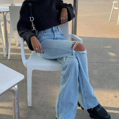 Cargo Pants Women Jeans High Waist Ripped Baggy Jeans Fashion Vintage Knee Hole Full Length Pants Solid Blue Cool Denim Trousers