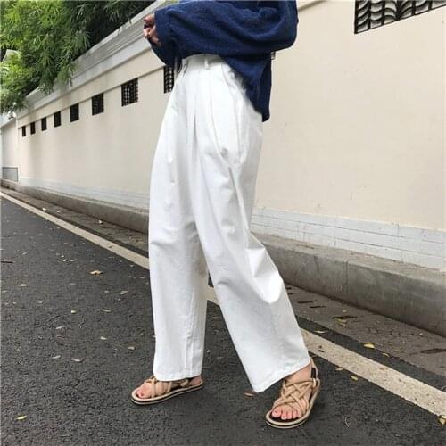 Pants Women Solid Korean Clothing Female Loose All-match Trendy Trousers Womens Button Leisure Capris Wide Leg High Pant Elegant