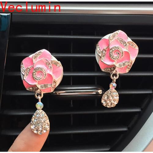 Camellia Flower Pendant Car Decor Interior Diamond Car Ornaments Outlet Vents Clip Auto Fragrance Car Air Freshener Diffuser