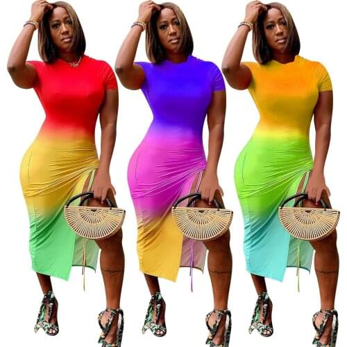 Echoine Gradient Color Bodycon Dress Woman O-Neck Short Sleeve Splited Sheath Ealstic Mid-Calf Dresses 2021 High Street Outfits