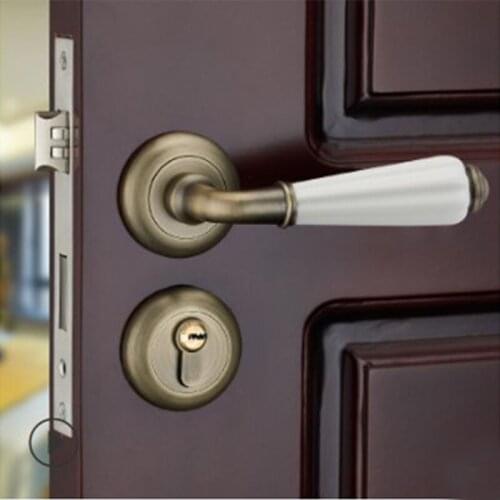 European Amercian Retro antique brass Indoor silent mechanical door lock white ceramic bedroom bookroom solid wooden door lock