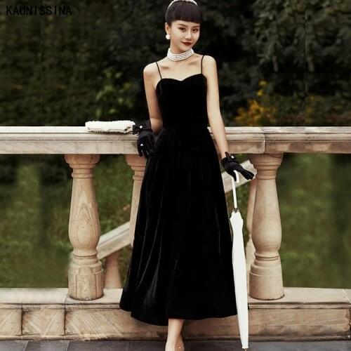 KAUNISSINA Retro Cocktail Dress Sleeveless Spaghetti Strap Sweetheart Velvet Black Gown Party Dresses for Women A-Line Vestidos