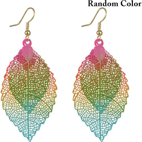 Fashion Hollow Leaves Earring Retro Colorful Dangle Earrings for Women Double Leaf Drop Earrings Wedding Jewelry Pendant