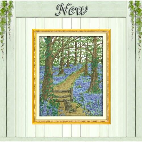 The flower path in the forest scenery painting Counted print on fabric Cross Stitch Needlework kits DMC 14CT 11CT Embroider Sets