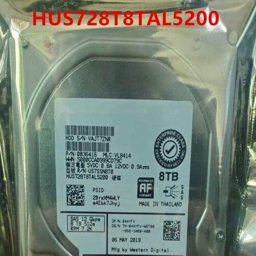 New HDD For Dell EMC 8TB 3.5" SAS 12 Gb/s 256MB 7200RPM For Internal Hard Disk For Enterprise Class HDD For 044YFV HUS728T8TAL5