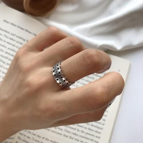 INS Authentic S925 Sterling Silver FINE Jewelry Retro Stack Star Band Ring Wider TLJ850