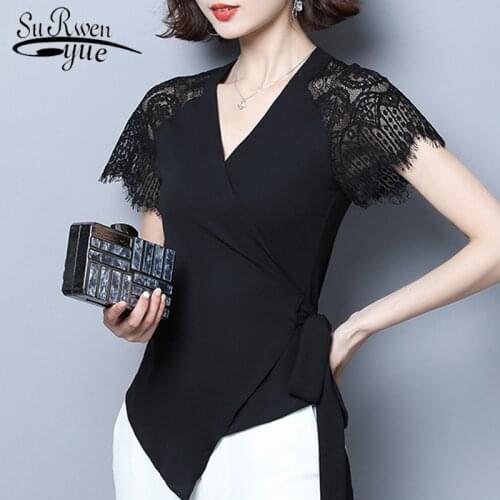 Plus size women blouse 2021 summer short sleeve lace chiffon blouse women shirts v-neck solid black blouse women tops 4950 50