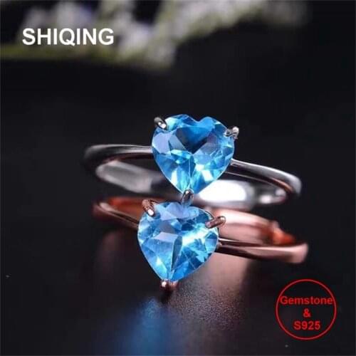 SHIQING Real gemstone blue topaz 925 sterling silver small heart rings for girls